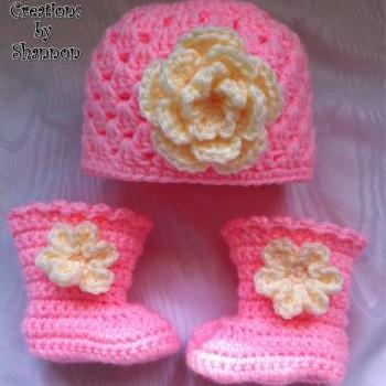  Infant Baby Girl Boots Booties and Shell Hat with Flower - Available in Newborn to 12 months - your choice color
